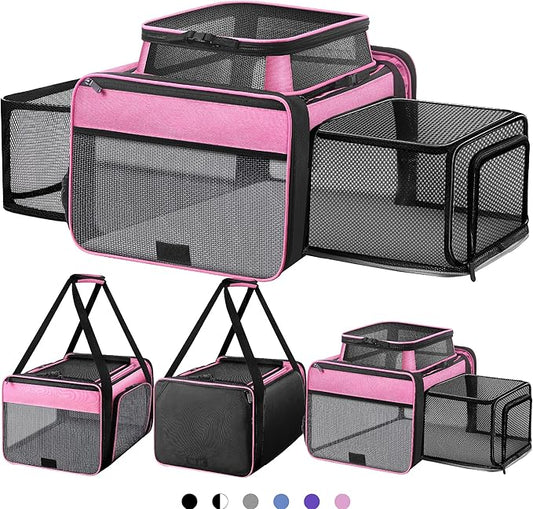 Top and 2 Sides Expandable Pet Carrier 17x11x9.5, TSA Airline Approved Small Dog Carriers for Small Dogs, Soft-Sided Cat Carrier with Self-Locking Zippers for Kitten,Rabbit, Puppy, Guinea Pig Pink