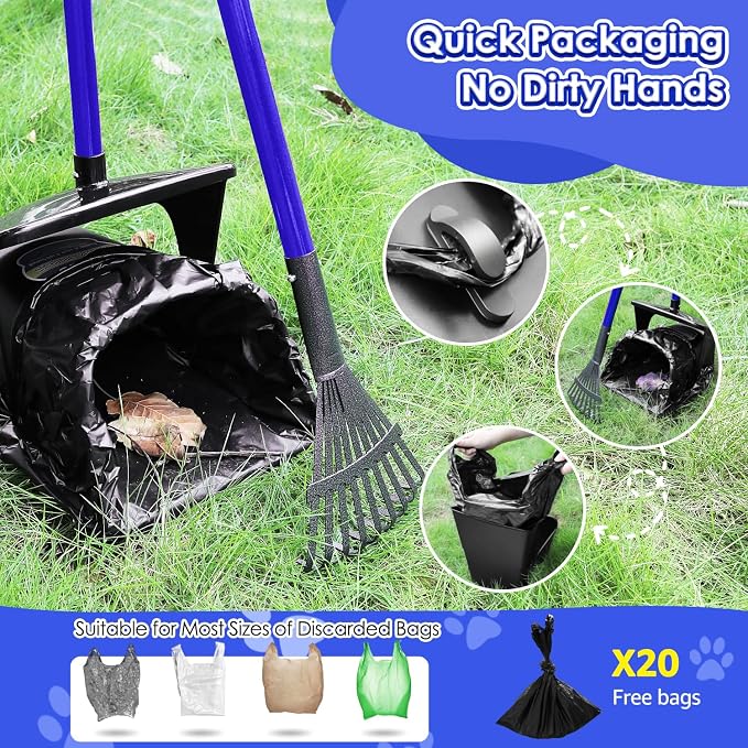 Lukovee Dog Pooper Scooper, 37.4" Long Metal Handle, No Bending Swivel Bin | Portable, Adjustable, Rake Spade Kit, Non-Stick Stainless Steel, 3L Odor-Seal Bin, Works on Grass Gravel Concrete, 20 Bags