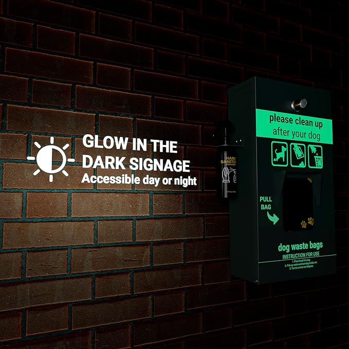 EMMA + OLIVER Locking Dog Waste Bag Dispenser | Locking Dispenser, Glow in the Dark Sign, Hand Sanitizer Bottle and Rain Guard, 400 Pull Out Header Bags Included