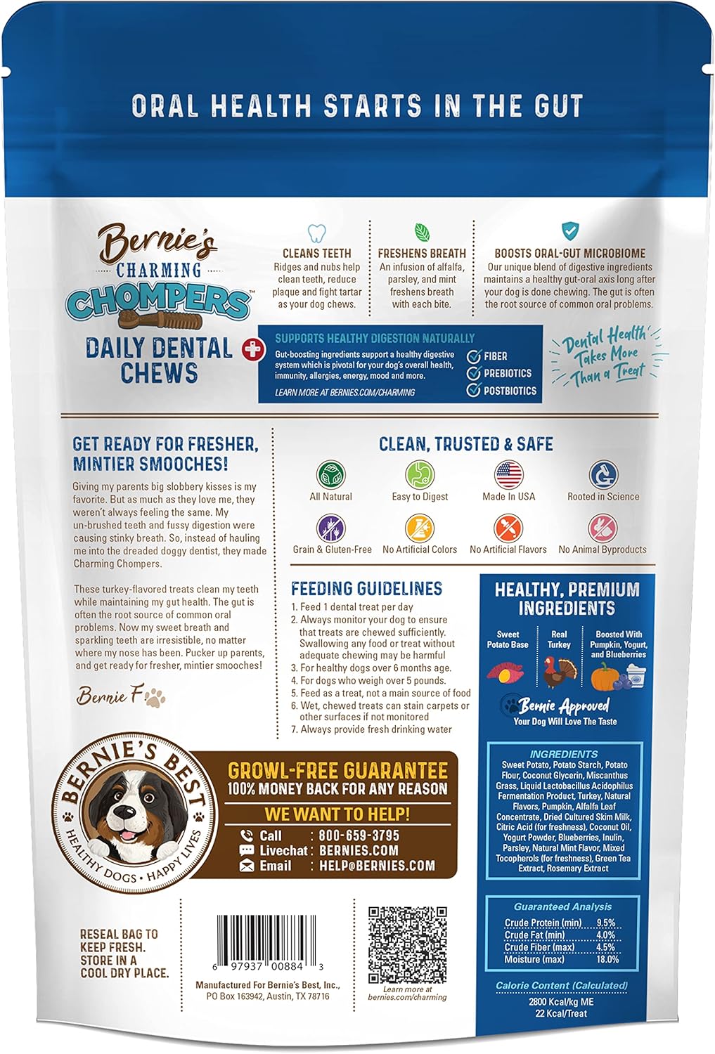 Bernie's Charming Chompers - Daily Dental Chews for Dogs 5-15 Lbs. - 22 Count - Cleans Teeth, Freshens Breath, + Boosts Oral-Gut Microbiome. Easy to Digest, Supports Healthy Digestion Naturally