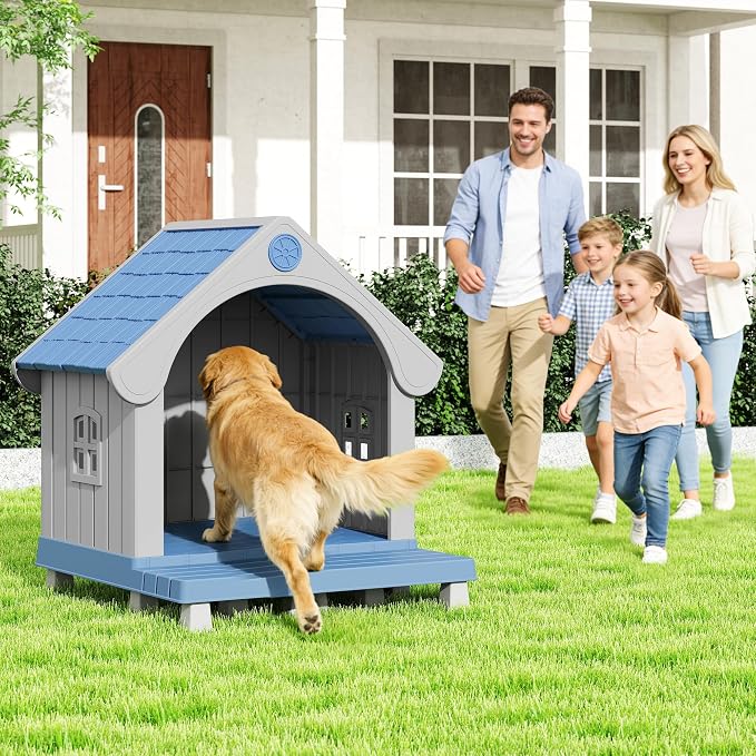 Bifanuo Dog House Outdoor Weatherproof with Porch for Small Medium Dogs, Durable Plastic Pet House with Sloping roof and Elevated Floor, Easy Cleaning and Assemble (Blue, 32.95"D x 31.5"W x 37.88"H)