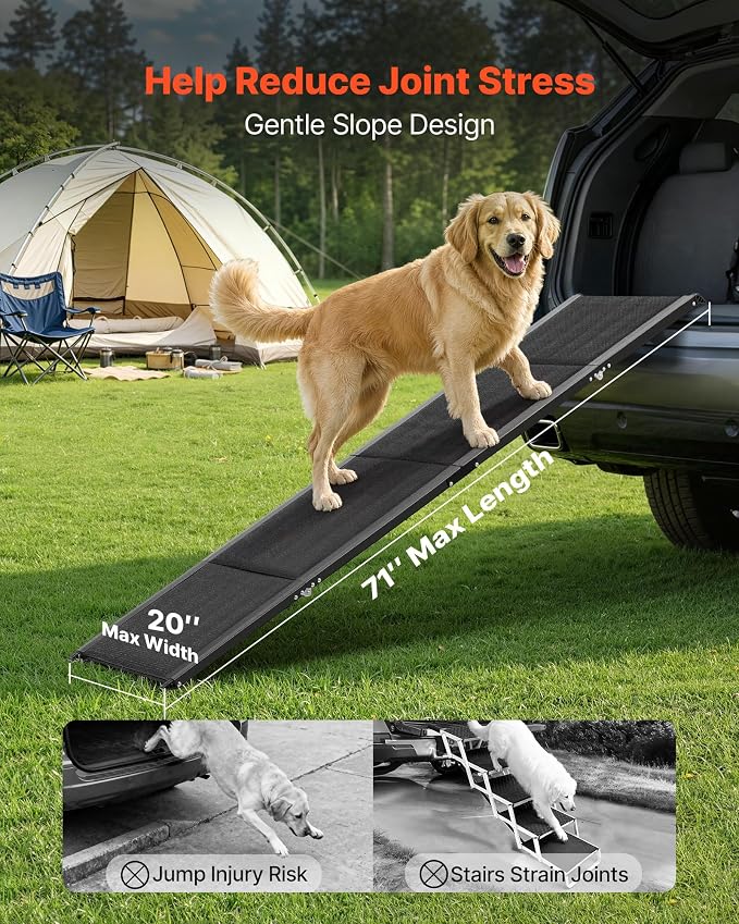 VEVOR Dog Ramp for Cars, 71" L x 20" W, Folding Pet Ramps for Medium & Large Dogs up to 250lbs, Pet Stair Ramp with Non-Slip Oxford Fabric Surface, Portable Outdoor Dog Car Ramps for SUV & Truck
