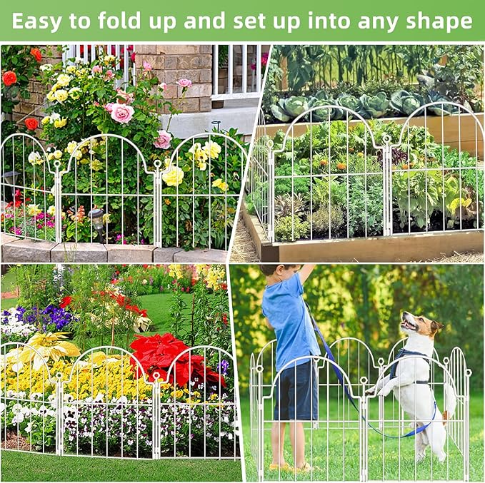 10 Pack Decorative Garden Fence, 17in x10ft Garden Fencing Animal Barrier for Dogs, Rustproof Metal Fence Panels with Ground Stake, Arched Flower Bed Edging Borders for Yard & Patio, White