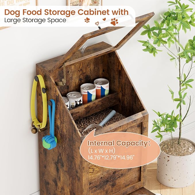 Dog Feeding Station with 2 Elevated Bowls | Pet Feeding Station,Flip Top Dog Food Storage Cabinet, Food Storage Container,Pet Toy Organizer,Modern Organizer, Brown