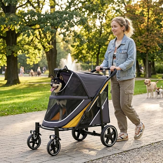 Dog Stroller for Medium/Large Dogs One-Click Folding, Extra Large Pet Stroller for 2 Dogs with Storage Pocket & Shock Absorption, Up to 130 lbs, Yellow