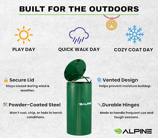 Alpine Dog Waste Station Outdoor 13.5 Gallon Commercial Pet Poop Trash Can | Weather Resistant Steel, Floor, Wall or Pole Mounted, for Dog Parks, HOA, Public Areas & Trails, Green