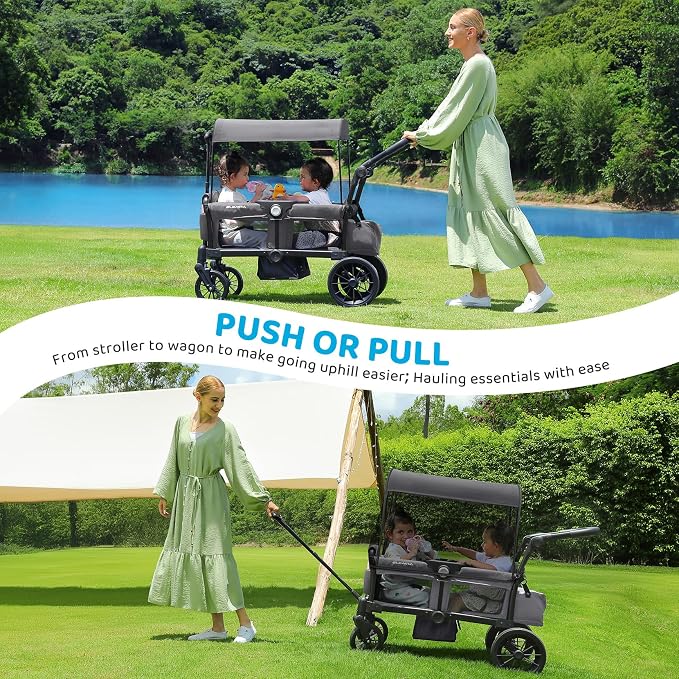 ELEMARA Foldable Wagon Stroller, Stroller Wagon for 2 Kids, Premium All Terrain Wagon for Kids with Removable Canopy, Adjustable Push/Pull Handle, Harnesses, Large Storage Bag, Gray