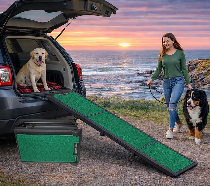 Pet Gear Travel Lite Ramps 71" L x 16" W for Dogs, Compact Easy-Fold, Lightweight and Portable, Built-in Carry Handle, Supports 150-200lbs, Green Trax | Compact Easy-Fold, Lightweight and Portable, Built-In Carry Handle, Supports 200 lbs, Size 71" x 16"