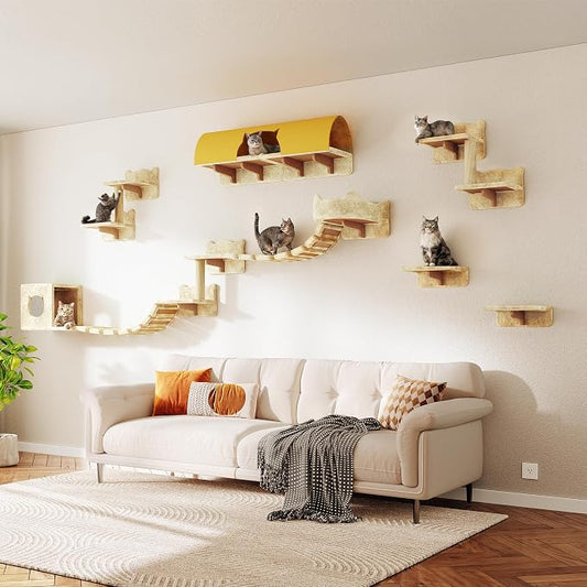 Cat Wall Furniture, 16 in 1 Cat Shelves w/Tunnel & Bridge, Beige | Wall Mounted Cats Shelf Set with Plush Fabric, Cat Climbing Wall Systems for 16 Inch Drywall, with Scratching Posts, Condos