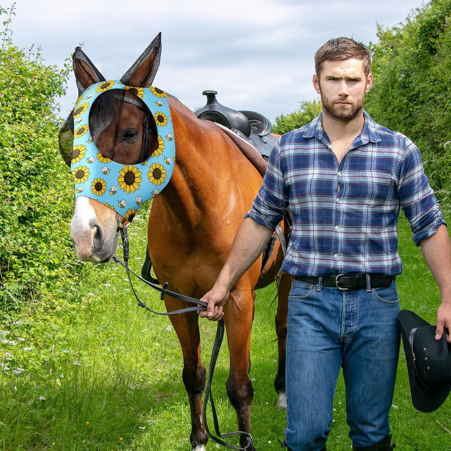 Qualirey12 Pieces Horse Fly Mask Bulk Comfortable Elasticity Mask for Horses with Ears Net UV Protection Breathable Horse Supplies Face Covering for Horse Pony and Foal (Flower Patterns, Large)