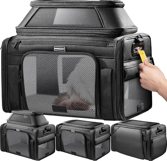 Top-Expandable Pet Carrier with Treat & Pet Window,17x11x9.5 Inch Alaska Hawaiian Airline Approved,Soft-Sided Dog Carrier for Small Dogs and Cats,Travel Cat Carrier with Locking Safety Zippers,Black