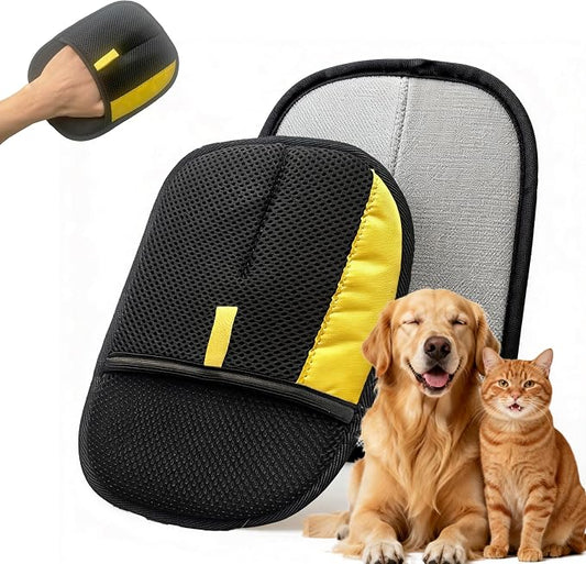 Electrostatic Pet Hair Removal Glove for Cats & Dogs, Reusable Magic Brush for Furniture & Clothes, Cat & Dog Fur Remover Tool (Black-Yellow Large 1-Pack)