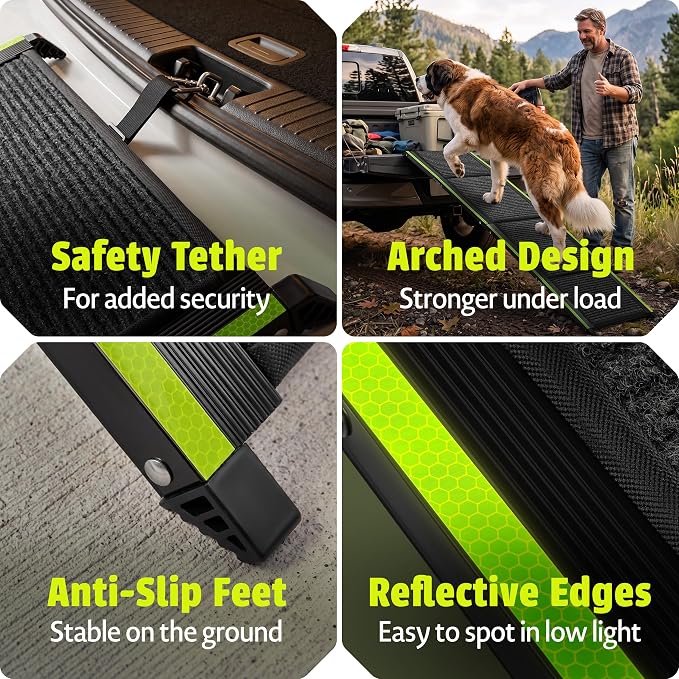 Foldable Dog Ramp for Cars, Trucks & SUV - 63” Long, 250 LB Capacity | Reflective Edges, Flirt Pole and Built-in Carry Handle Included.