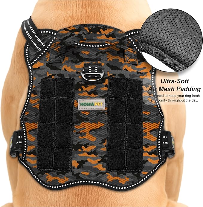 Homapet. Tactical Dog Harness with Dual Leash Attachment Points, Adjustable and Reflective Military Grade Dog Vest with Comfort Control Handle (ORNG BLK CAMO-S)