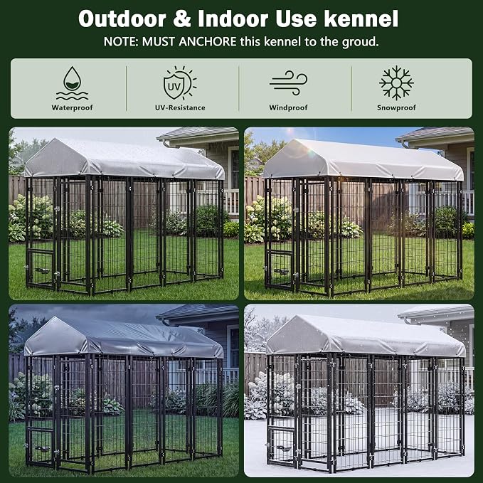 Dog Kennel Outdoor Enclosure with Roof, 8x4x6 FT Heavy Duty Outside Dog Run with Adjustable Bowls for Yard, Medium Large Dogs