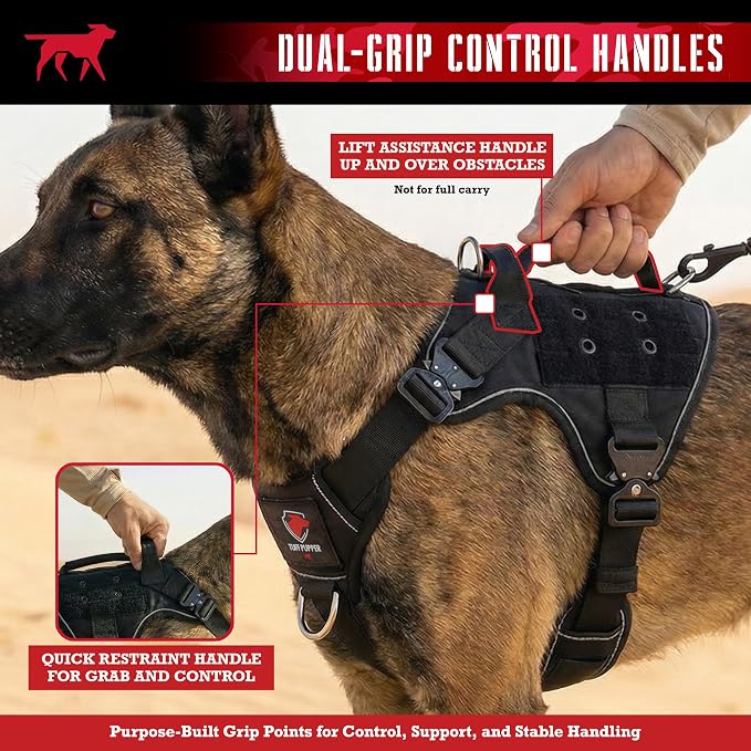 Tuff Pupper Elite Tactical Dog Harness | Dual Control Handles | Front & Back D-Rings | Fully Adjustable | Military Cobra Buckles | Heavy Duty Nylon Vest | Reflective MOLLE Dog Harness for Large Dogs