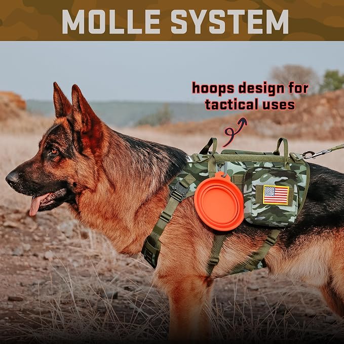 Forestpaw Tactical Dog Harness Pouches and Patches Set,L,Camo Green | Adjustable Fits 27-40" Chest,70-140 lbs,No Pull Military Style Service Dog Vest for Daily Walking Training,Medium Large Dogs