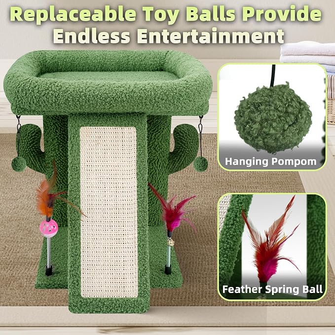 TWDEPART Cactus Cat Tree Tower with Cat Scratching Post for Indoor Cats,Activity Centre Climbing Tree Cat Furniture with Playful Toy Balls,Green