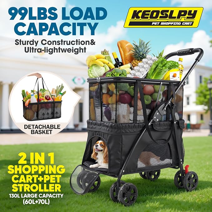Upgraded Folding Shopping Cart & Pet Stroller 99 LB, 2-in-1 Personal Portable Shopping Cart with Removable Basket & Lower Dogs Stroller for Groceries, Laundry, Camping Pet Traveling