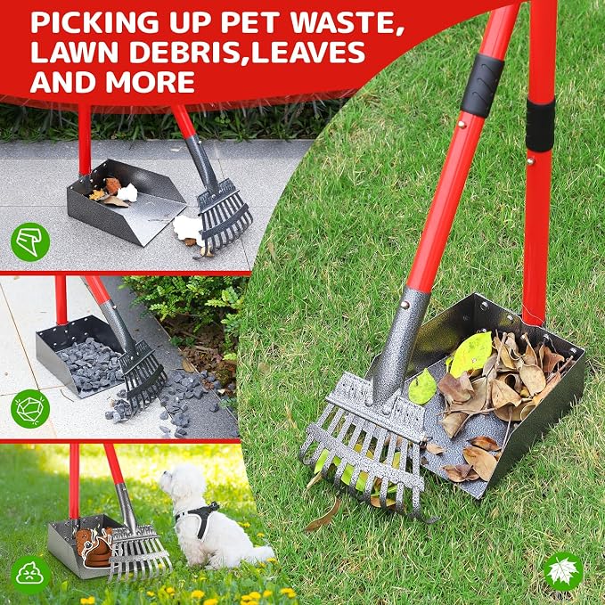 Pooper Scooper for Dogs, Sturdy Stainless Steel Dog Poop Scooper for Large Medium Small Dogs, Detachable Metal Rake & Tray Set for Yard, Grass, Dirt or Gravel (Red)