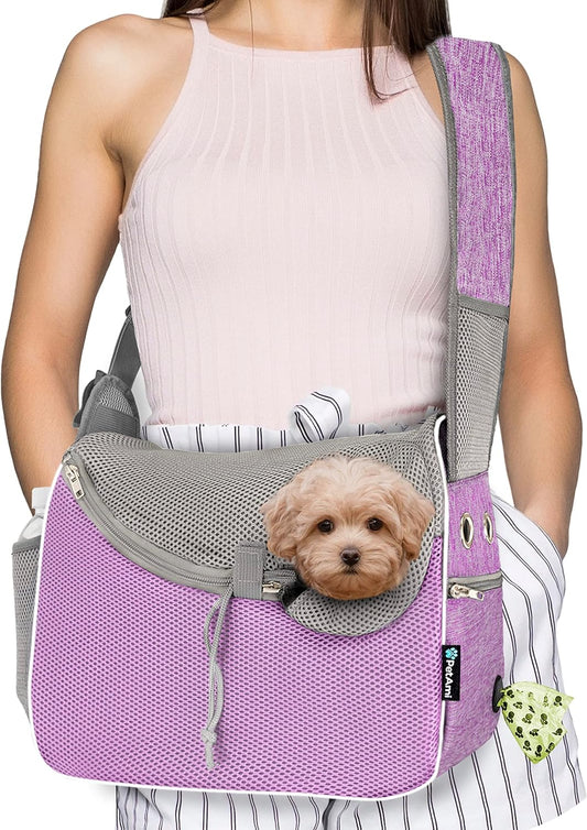 PetAmi Small Dog Sling Carrier, Soft-Sided Crossbody Puppy Carrying Purse Bag, Adjustable Sling Pet Pouch to Wear Medium Dog Cat Travel, Dog Bag for Traveling, Poop Bag Dispenser, Max 10 lbs, Purple