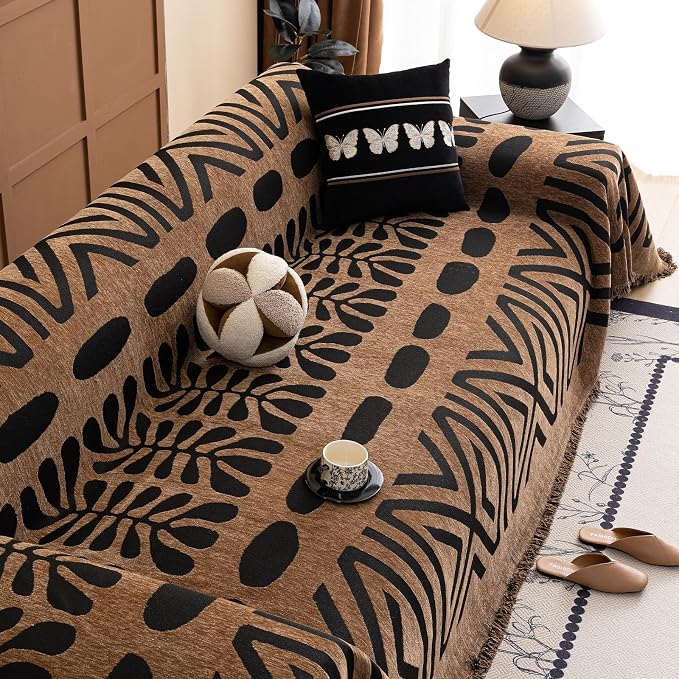 VClife Couch Cover Bohemian Morroccan Sofa Cover Washable Sofa Slipcover for 3-4 Cushion Couch Sofa Non Slip Soft Chenille Furniture Protector Modern Brown Black Slip Cover for Couch 71''x150''