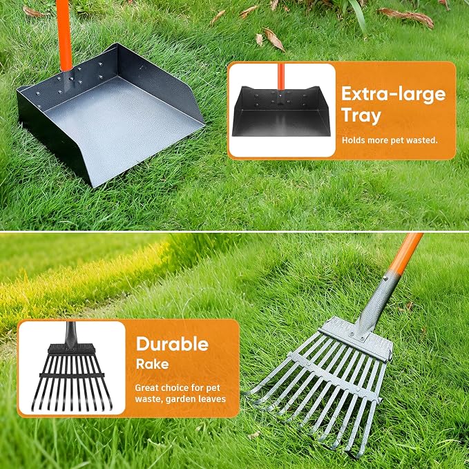 Pooper Scooper, Long Handle Dog Pooper Scooper for Medium Small Dogs Heavy Duty, Pet Supplies Stainless Metal Tray and Rake Set, Use on Grass, Dirt or Gravel, Large