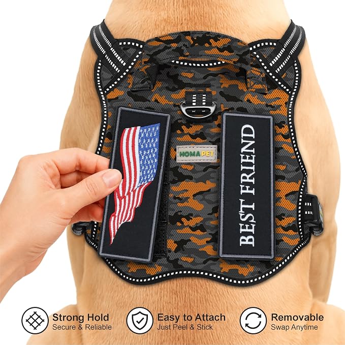 Homapet. Tactical Dog Harness with Dual Leash Attachment Points, Adjustable and Reflective Military Grade Dog Vest with Comfort Control Handle (ORNG BLK CAMO-L)