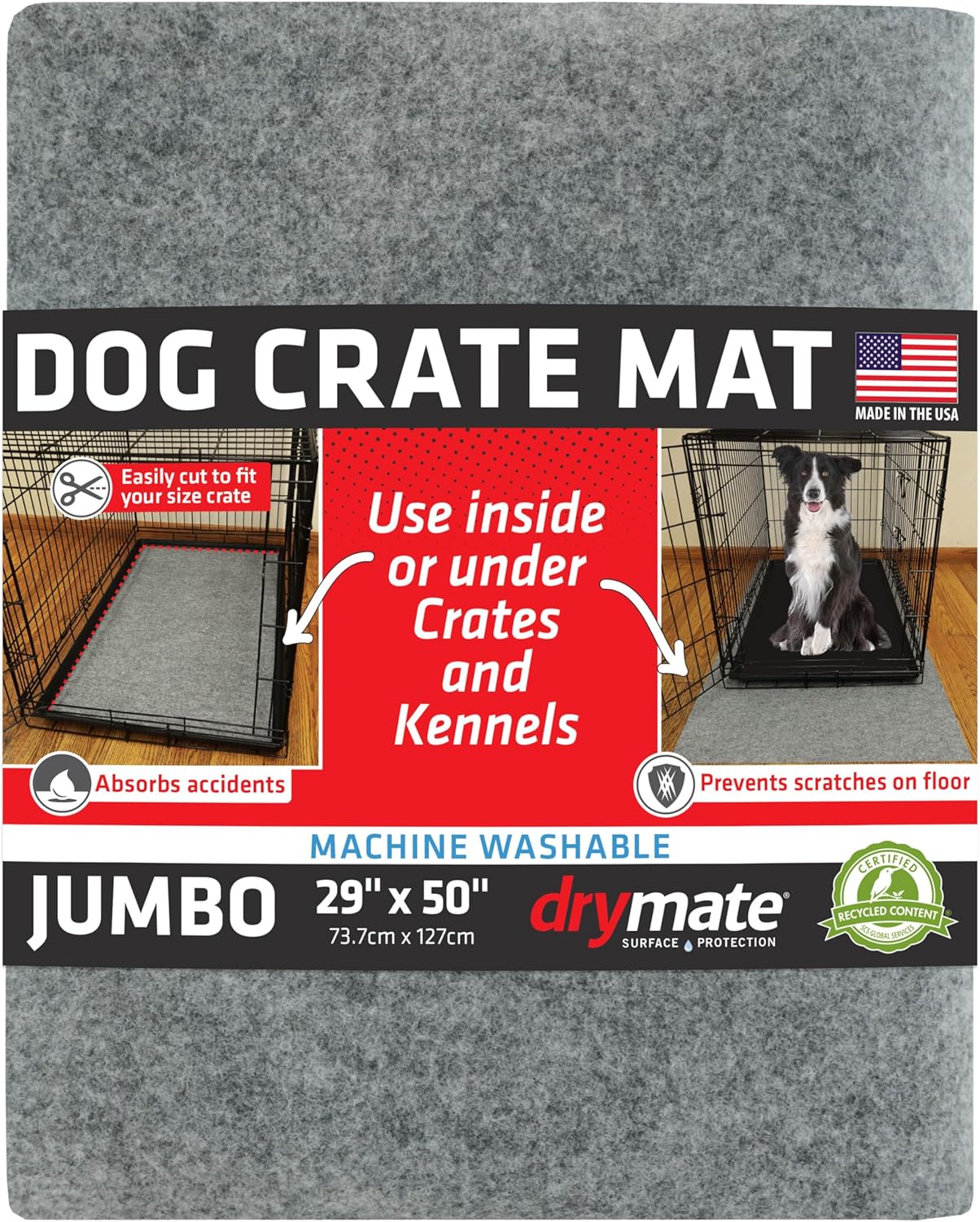 Drymate Dog Crate Mat Liner, Absorbs Urine, Waterproof, Non-Slip, Washable Puppy Pee Pad for Kennel Training - Use Under Pet Cage to Protect Floors, Thin Cut to Fit Design (USA Made) (LGrey)(29"x50")