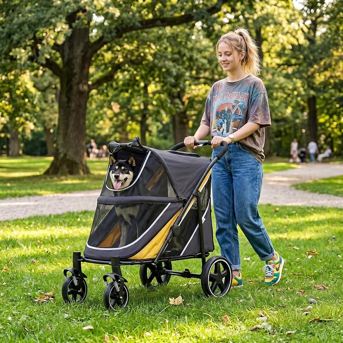 Dog Stroller for Medium/Large Dogs One-Click Folding, Extra Large Pet Stroller for 2 Dogs with Storage Pocket & Shock Absorption, Up to 130 lbs, Yellow