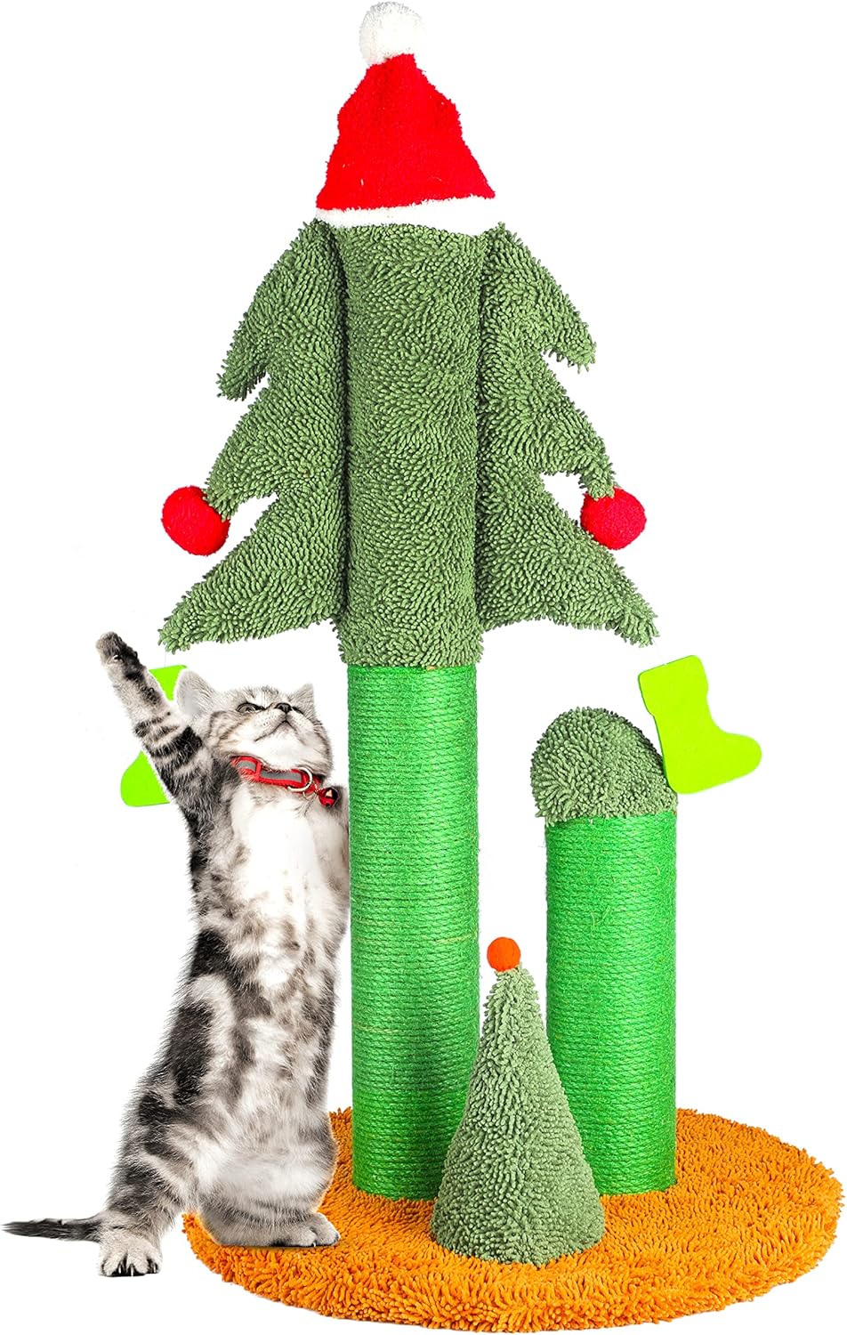 32” Cat Scratching Post, Tall Christmas Tree Cat Scratcher with 3 Posts and Cute Dangling Teaser Balls, Natural Sisal Rope Cat Toys for Kitty and Adult Cats