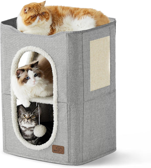 Bedsure 2 Story Cat House - Cat Condos for Indoor Cats with Scratch Pad and Fluffy Ball Hanging, Small Pet Cave Furniture Hideaway for Multi Pets, 18x14x23 inches, Grey