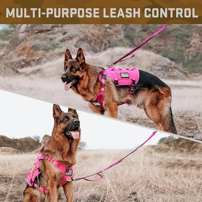 Forestpaw Tactical Dog Harness Collar Bungee Leash Set,L,Hot Pink | Adjustable Fits 27-40" Chest,70-140 lbs,No Pull Control Military,Quick Release Buckle,Walking Training for Medium Large Dogs