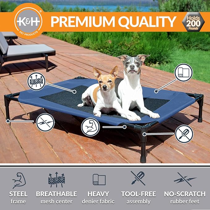 K&H Outdoor Elevated Dog Bed, Cooling Raised Dog Bed, Blue, Medium 32x25in | Pet Cot for Medium & Large Pets, Breathable Mesh Center Hammock Design, Indoor/Outdoor Washable Cover, 32x25in