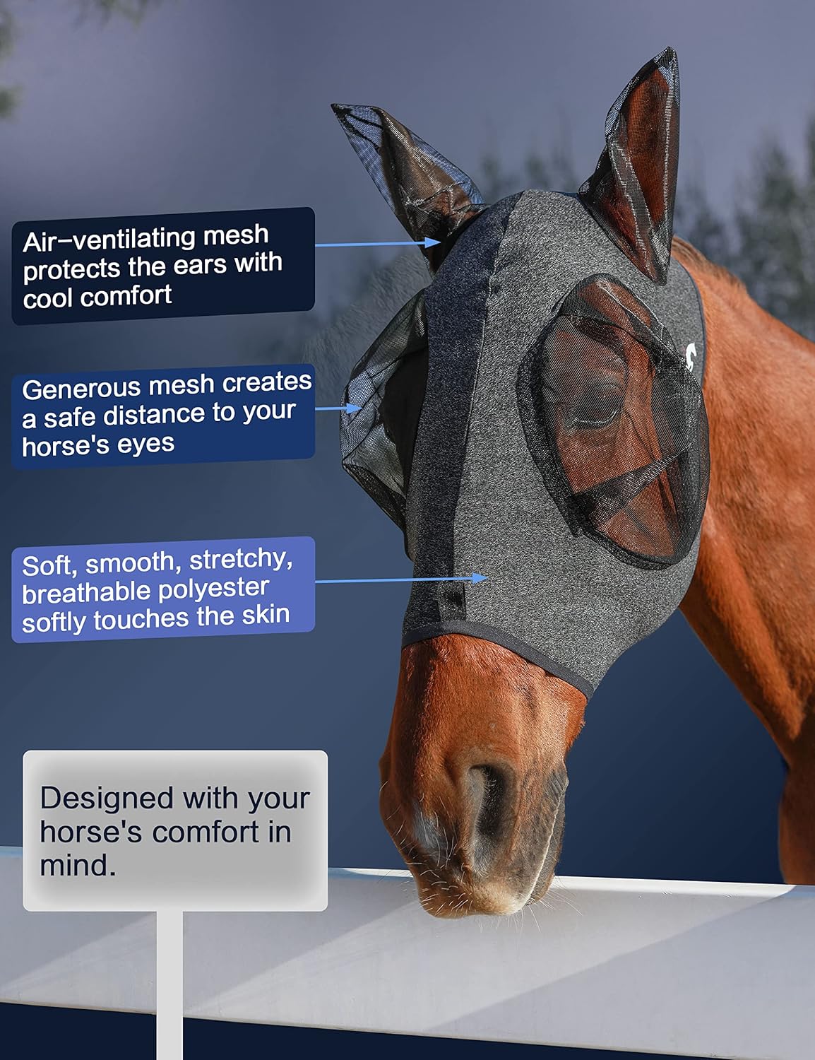 Horse Fly Mask with Ears, UV Protection Mask for Horses, Elasticity Mask with Big Mesh Eye Covers, Snug Fitting Comfortable Breathable Lightweight Dappled Gray Cob