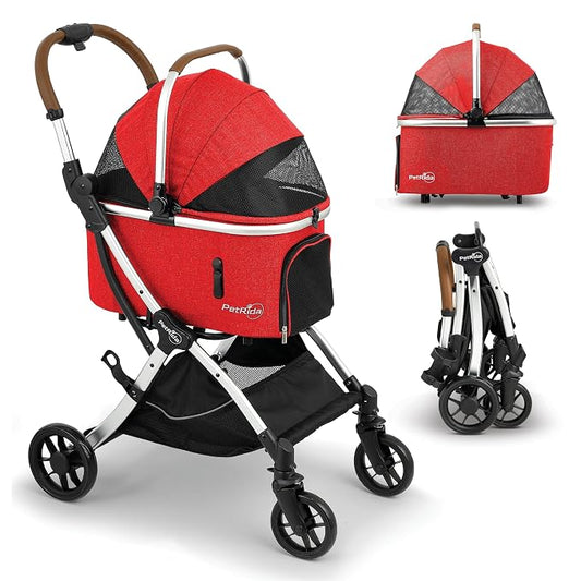 Luxury Pet Stroller with Detachable Carrier | Lightweight Design with Easy One-Hand Fold & Spacious Storage Basket | Safe & Comfortable Travel for a Small to Medium Dog or Cat, Red