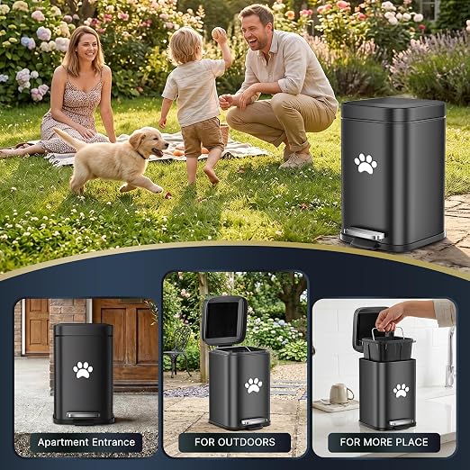 Small Dog Poop Trash Can Outside with Odor Control Lid, 5L/1.3Gal Metal Step Pedal Waste Bin & Removable Inner Bucket, Includes 30 Trash Can Bags, Indoor/Outdoor/Yard Dog Waste Trash Can (Black)