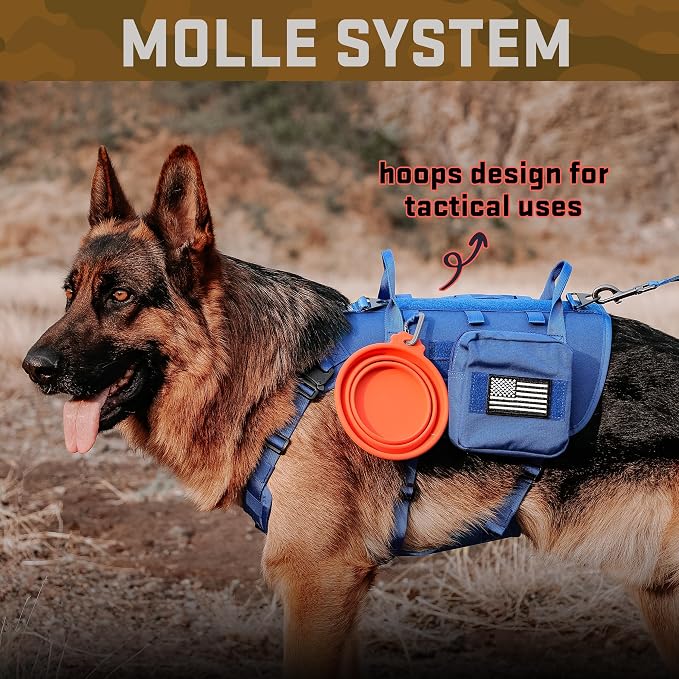 Forestpaw Tactical Dog Harness Pouches and Patches Set,L,Blue | Adjustable Fits 27-40" Chest,70-140 lbs,No Pull Military Style Service Dog Vest for Daily Walking Training,Medium Large Dogs