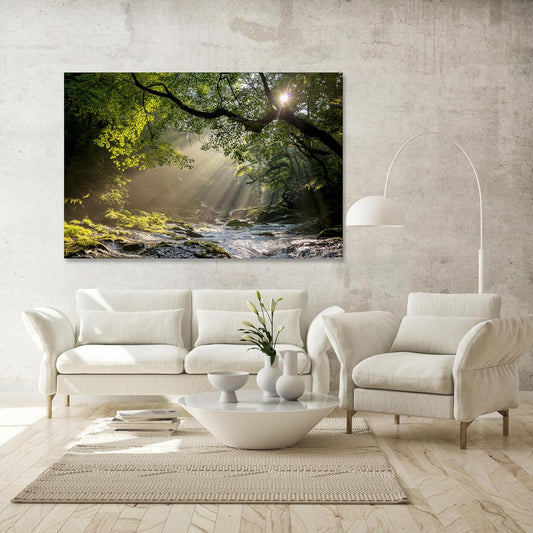 Nature Wall Art Prints - Ocean Forest Mountain Lake Canvas Landscapes - Small to Extra Large Living Room Bedroom Kitchen Bathroom Décor (Rocky River in the Woods, 35L" x 53W")