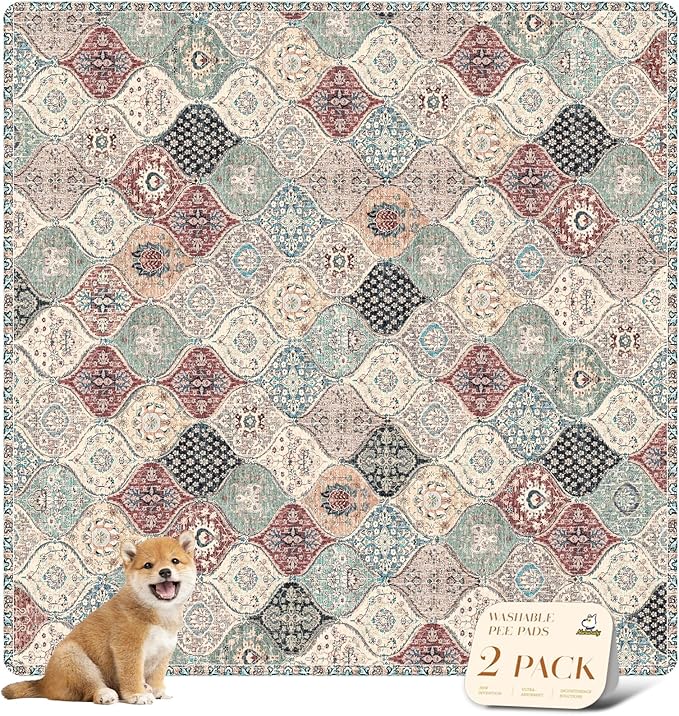 nunubaby 2PACK Washable Pee Pads for Dogs, Stylish, Non-Slip and Leak-Proof Pee Pads. Reusable Potty Pads for Dogs for Crates and Floors.(Dark Red/Multi, 72" x72" )