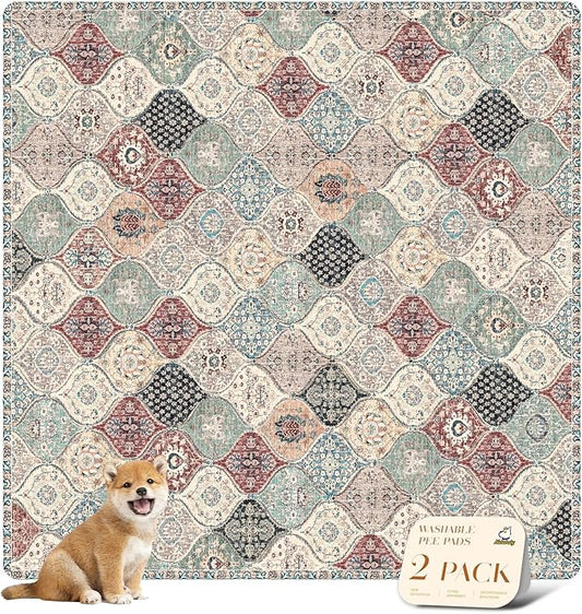 nunubaby 2PACK Washable Pee Pads for Dogs, Stylish, Non-Slip and Leak-Proof Pee Pads. Reusable Potty Pads for Dogs for Crates and Floors.(Dark Red/Multi, 72" x72" )