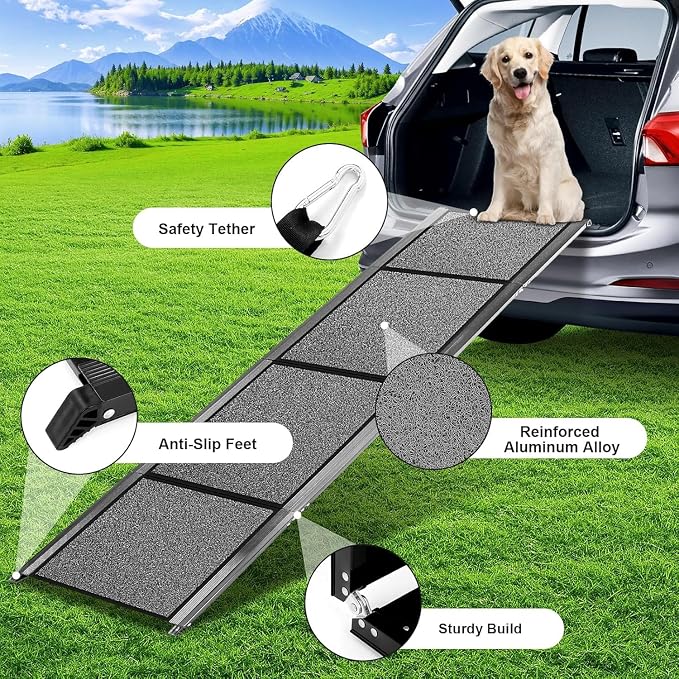 71''x 20'' Dog Ramp for Car, Pet Ramp for Large Dogs Up to 300LBS, Foldable Dog Car Ramp Stairs Steps with Waterproof & Non-Slip Rug Surface for Truck, SUV, Indoor & Outdoor(Wire Loop Fabric)
