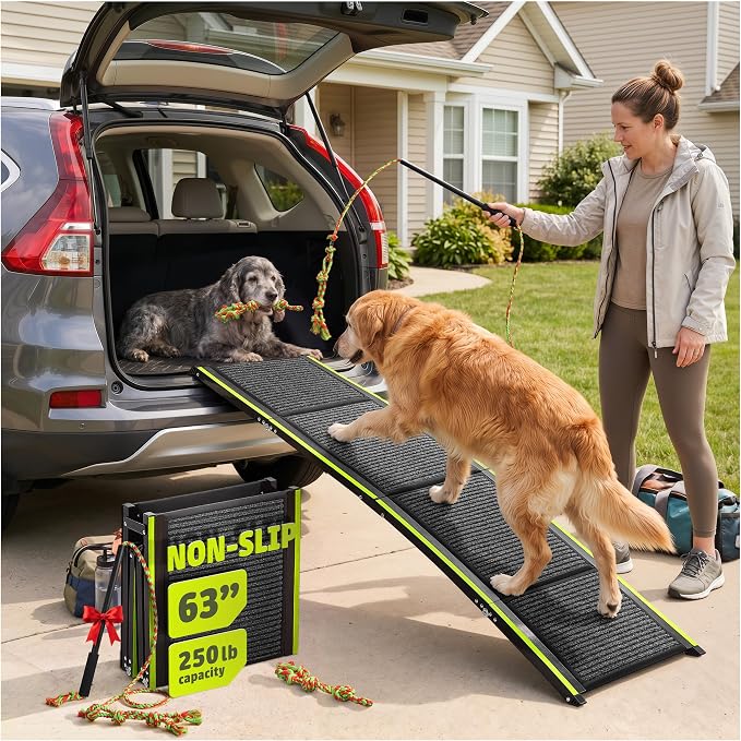Foldable Dog Ramp for Cars, Trucks & SUV - 63” Long, 250 LB Capacity | Reflective Edges, Flirt Pole and Built-in Carry Handle Included.