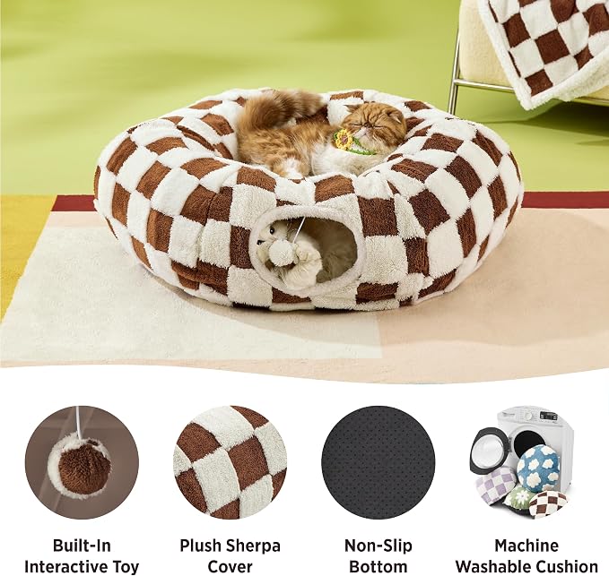 Lesure Donut Cute Jacquard Large Cat Tunnel Bed Kitten Toys for Dog Bunny | 39.5x39.5x10in,Round Large Cat Bed Tube for Multi Kittens,Pet Peekaboo Cave Toy,Spiral Hideaway,Washable Cushion,Brown Checks