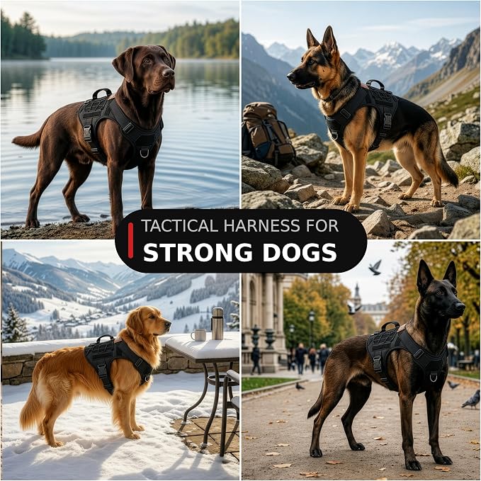 Tactical Dog Harness - Heavy Duty, No-Pull Training Vest for Large Breeds, Military Service Dog Vest with Front Leash Clip, Hook & Loop Panels, Padded Handle – Black, Large