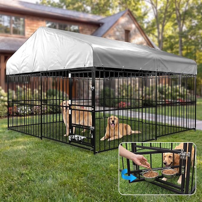 Redlife 10x10 FT Heavy-Duty Outdoor Dog Kennel with Roof | 84" Tall Steel Tube Dog Cage, 360° Rotating Feeding Bowls, Double Door Design, Waterproof Cover, Large Backyard Dog Enclosure