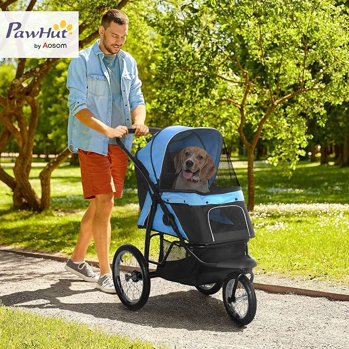 PawHut 3 Wheels Pet Stroller, Foldable Dog Stroller with Adjustable Canopy, Safety Tether, Cushion, Storage Basket, Portable Jogger for Small and Medium Dogs and Cats, Blue
