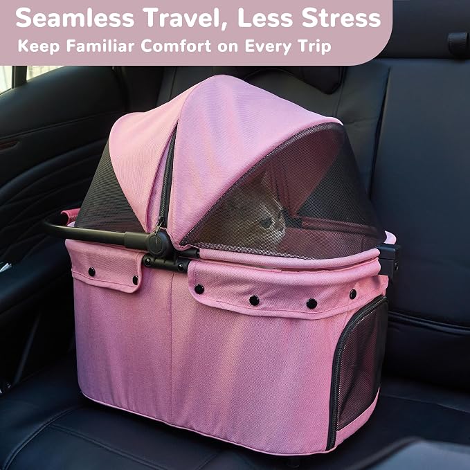 Dog Stroller for Small to Medium Dogs with Detachable Carrier, Pink | 3-in-1 Pet Stroller, Dual-layer UV-Resistant Waterproof Canopy with Breathable Mesh, All-Terrain PU Wheels with Suspension