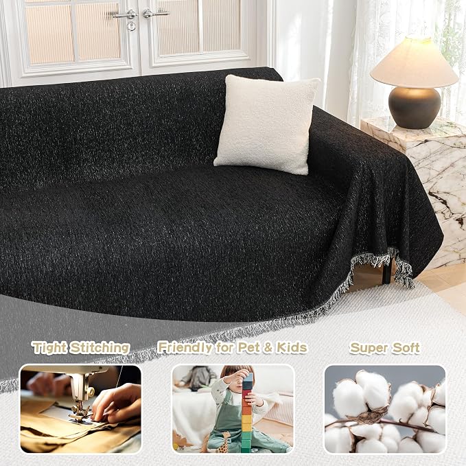 MYSKY HOME Black Couch Covers, Couch Cover 2 Cushion Sofa Pet Couch Cover for Sofa, Sectional Couch Covers L Shape Throw Sofa Cover, Soft Washable Pets Covers for 2 Cushion, 71"x118", Black
