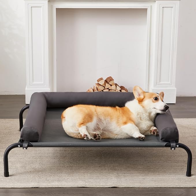 Cooling Elevated Dog Bed with Pillows,Portable Washable Raised Dog Cot Bed with Chew Proof Mesh and Metal Frame,No-Slip Rubber Feet for Indoor & Outdoor Use,Medium,Deep Grey